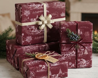 Vintage Toile Gift Wrap, Maroon Santa Wrapping Paper Roll