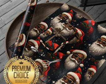 Black Santa Wrapping Paper Rolls, Cool Santa Gift Wrap, Black Santa Gift Wrap, Santa Claus Wrapping Paper, Birthday Christmas
