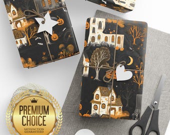 Spooky Hallweentown Wrapping Paper, Salem Cottagecore Gift Wrap, Cozy Spooky Halloween Wrapping Paper, Pumpkin Jack-O-Lantern Gift Wrap