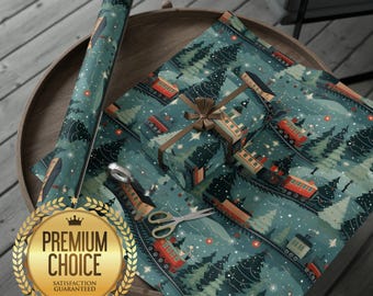 May include: Gift wrapping paper with a teal background featuring a repeating pattern of a Christmas train, trees, and snowflakes. A wrapped gift with a brown ribbon and scissors are on the paper. The text "PREMIUM CHOICE SATISFACTION GUARANTEED" is on a gold seal.