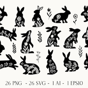 Conigli decorati folk SVG, sagome di conigli pasquali SVG, bundle di conigli Png, file di conigli SVG per cricut, file di taglio di conigli