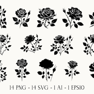 Black Roses Svg, Silhouette of Rose Png, logo Rose Png, Hand Drawn Roses Svg, Trendy Tattoo Rose Flower Svg, Vector Illustration