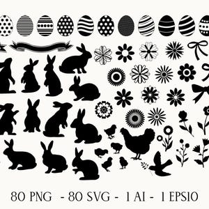 80 Ostern Clipart Silhouetten SVG, Kaninchen Silhouetten Clipart, Blumen Silhouetten SVG-Set, Frühling SVG-Dateien für Cricut, Ostern Schnittdateien