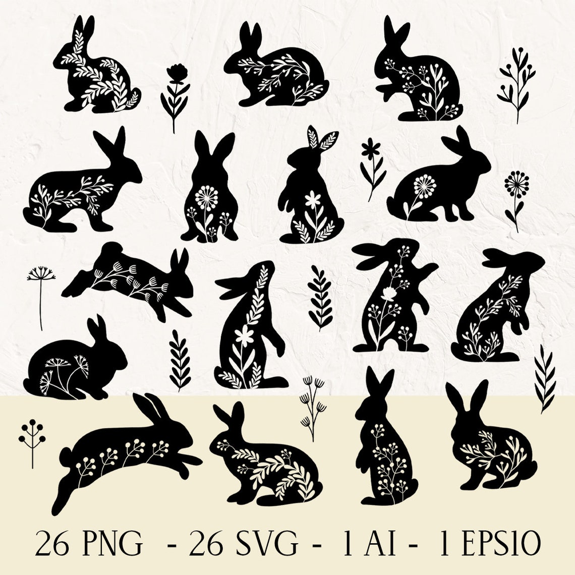 Folk Decor Rabbits SVG, Easter Rabbit Silhouettes SVG, Rabbit Png ...