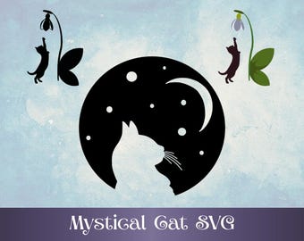 Mystieke kat SVG met bloemen | Cat and Moon-svg | Schattige kat-clipart voor Cricut en Silhouette