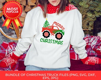 Merry Christmas-bundel, kerstwagen SVG, vrolijk kerstfeest, kerstcadeau, rode vrachtwagen, kerstboom png, silhouet, digitale download