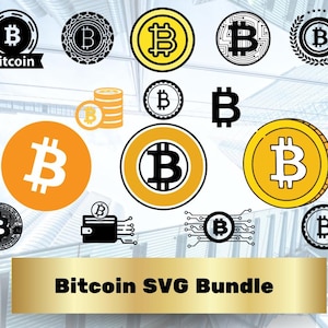 Könnte beinhalten: Eine Sammlung von Bitcoin-Grafiken in verschiedenen Designs. Die Bilder zeigen Bitcoin-Logos, Münzen und ein Wallet-Symbol, alle in Schwarz, Weiß und Gold. Der Text "Bitcoin SVG Bundle" ist auf einem goldenen Banner zu sehen.