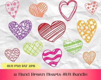 Handgetekende hart SVG-bundel | 12 Valentijn harten clipart voor Cricut & Silhouette | Handgetekende harten | Cricut en sublimatie | Png dxf-eps