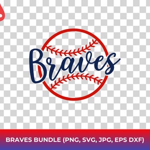 Puede incluir: Una pelota de béisbol roja con costuras blancas y la palabra "Braves" en letra cursiva azul.