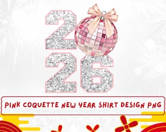 2026 Nieuwjaar roze coquette PNG, retro glitternummers, discobalshirtontwerp voor vrouwen, oudejaarsavondshirt esthetisch T-shirtontwerp