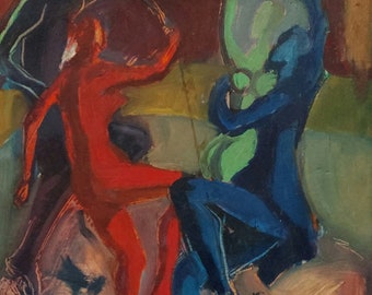 Original Watercolor, Pastel, Charcoal, Painting Of Surreal Dancing Figures, on Paper, Hand-painted, Vintage, Rare, Unique, Vivid, Small,