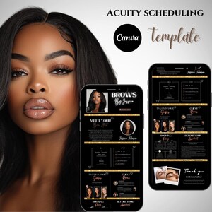 Op de afbeelding: Een mobielvriendelijke website-sjabloon in zwart en goud voor het boeken van afspraken. De sjabloon bevat een foto van een vrouw met gestylede wenkbrauwen, de tekst "Brows by Jessien" en een sectie voor het boeken van afspraken.