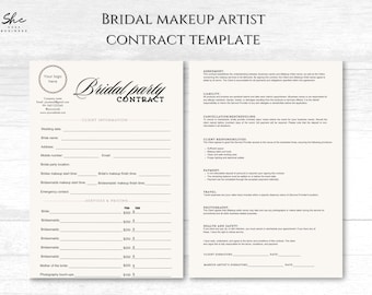 May include: Black and white printable bridal makeup artist contract template with a logo, client information, services and pricing, agreement, liability, cancellation/rescheduling, client responsibilities, payment, travel, photography, health and safety, client signature, and makeup artist signature.