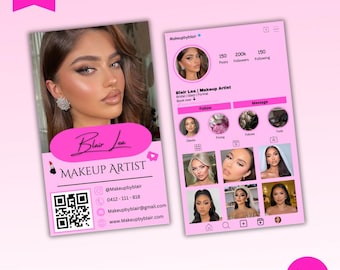 Instagram business card template Makeup Artist business card QR code business card DIY Canva Template Pink Premade lash beauty business card