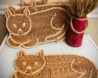 Vintage Rattan Woven Cat Placemats - Set of Four