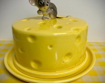 Vintage Covered Serving Dish - Ceramic Mouse on Yellow Cheese-  Kitsch Retro Novelty Kitchen Decor