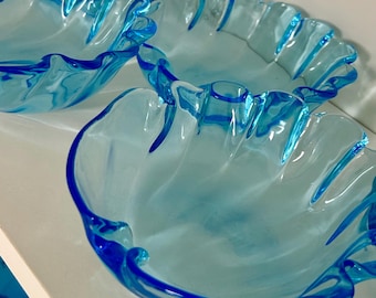 Vintage Handcrafted Sea Blue Seashell Swirl Glass Salad Bowl - Made in Italy