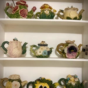 Può includere: Una collezione di teiere decorative con disegni floreali. Le teiere sono in vari colori, tra cui rosa, giallo e verde, e sono decorate con rose, viole del pensiero e altri fiori. Sono esposte su mensole bianche.