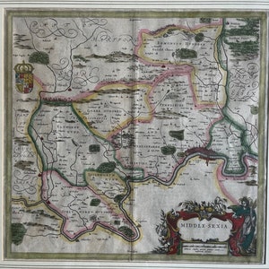 Original old antique map by Blaeu Middlesex UK ca 1662 | vintage cartography | London Westminster Thames Watford | history gift