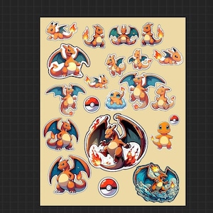 Glurak inspiriert Pokemon Digital Download Sticker Sheet Poke Sticker Sheet PNG letter Größe einfachen Druck und direkter Download