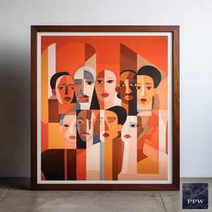 May include: A framed abstract art print featuring a geometric design of multiple faces in various shades of orange, brown, and white. The faces are arranged in a grid pattern, creating a sense of unity and diversity.