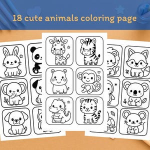 18 Cute Animal Coloring Pages | Kawaii Animal Cards | PDF + PNG + JPG | Kids Printable Coloring Sheets
