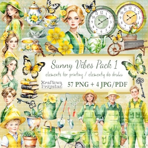Sunny Vibes Graphics Pack 1, Ausschnitt, Elemente zum Drucken, Pastellgelb und Grün, Sonne, Frühling, Sommer, Hochzeit, hohe Qualität, PNG-Dateien
