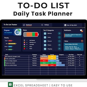 Peut inclure: Une capture d'écran d'une application de liste de tâches sur l'écran d'un ordinateur portable. L'application a un fond sombre avec une barre de progression bleue et verte. L'application comporte des sections pour les tâches, les catégories, le statut, la priorité, la progression, la date d'échéance et le temps restant. L'application comporte également une section de notification qui indique "Vous avez 1 tâche pour aujourd'hui et 3 tâches en retard".