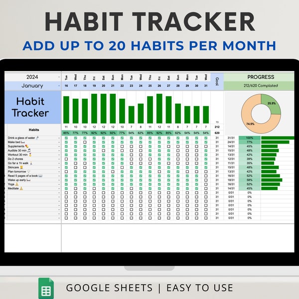 Habit Tracker Spreadsheet Google Sheet, Daily Habits Planner, Weekly digital Habits trackers, Daily routine to-do-liste, Goal planner