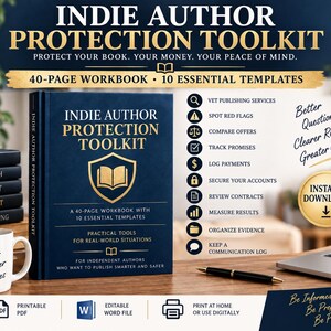 May include: A dark blue book titled Indie Author Protection Toolkit with a gold shield and book icon. The cover text reads 40-page workbook with 10 essential templates. Beside it are icons for vetting services, tracking promises, and logging payments.