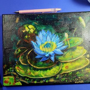 Blue Waterlily Painting On Canvas Original Art Home Decor