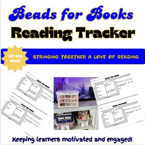Może przedstawiać: Śledzenie czytania zatytułowane "Beads for Books" z tekstem "Reading Tracker" w niebiesko-żółtym wzorze. Obraz zawiera dzienniki czytania, pojemnik z koralikami i tekst "Keeping learners motivated and engaged!"