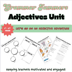 May include: A set of educational worksheets for primary school children, titled "Grammar Jammers Adjectives Unit". The worksheets feature activities to learn about adjectives, with the text "Let's go on an adjective adventure". The grade range is 1st-5th.