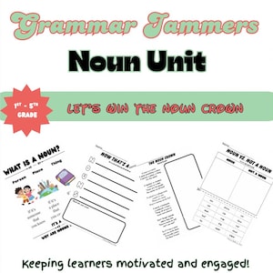 Może przedstawiać: Edukacyjne arkusze ćwiczeń dla klas 1-5, zatytułowane "Grammar Jammers Noun Unit". Projekt zawiera arkusze ćwiczeń dotyczące rzeczowników, z tekstem "Let's Win the Noun Crown" i "Keeping learners motivated and engaged!"