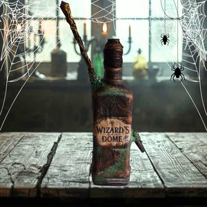 May include: A decorative bottle with a wand-like stem, labelled "WIZARD'S DOME". The bottle has a rustic, aged appearance with brown, green, and copper tones. The stem is dark with a gold tip. The scene includes spiderwebs and spiders.