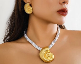 2 pièces vintage collier coquillage et boucles d'oreilles ensemble rond grand pendentif déclaration collier luxe mode glamour nautique bijoux cadeau pour femme