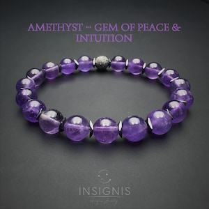 8mm Ametyst and Hematite Bracelet – Natural Purple Gemstone Jewelry, Crystal for Peace, Intuition & Grounding