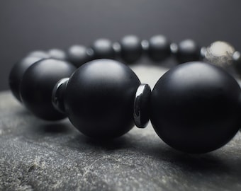 Onyx & Hematite Bracelet: Mens Matte Black Beaded Bracelet | Stretch Cord | Power and Stability Stone
