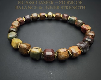 Mens Unique Gemstone Bracelet, Picasso Jasper and gold Hematite Bracelet for Balance, Creativity, Grounding