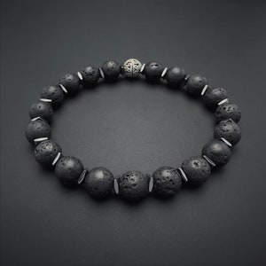 8mm Lava Stone & Hematite Beaded Bracelet | Mens Black Lava Bracelet | Stretch Cord | Bracelet for Strength, Emotional Balance, Gift for Him