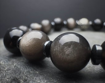 Silver Obsidian & Hematite Beaded Bracelet | 8mm Mens Womens Gemstone | Energy Balancing Protective Handmade Jewelry | Gift for Him or Her