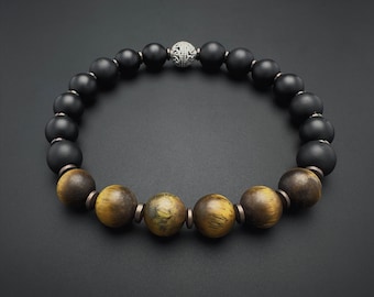 Matte Tiger’s Eye, Black Onyx and Hematite Beaded Bracelet for Strength, Protection, and Grounding