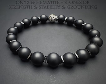 Matte Onyx & Hematite Beaded Bracelet – Protection and Grounding Gemstone Jewelry, Mens Black Bracelet