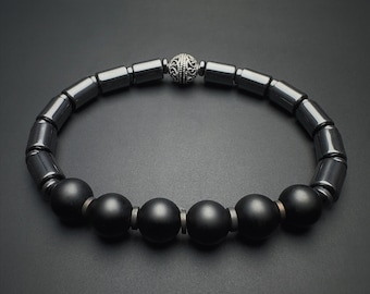 Matte Black Onyx Bracelet with Hematite : Men's Unique Gemstone Bracelet, Crystals for Strength & Grounding