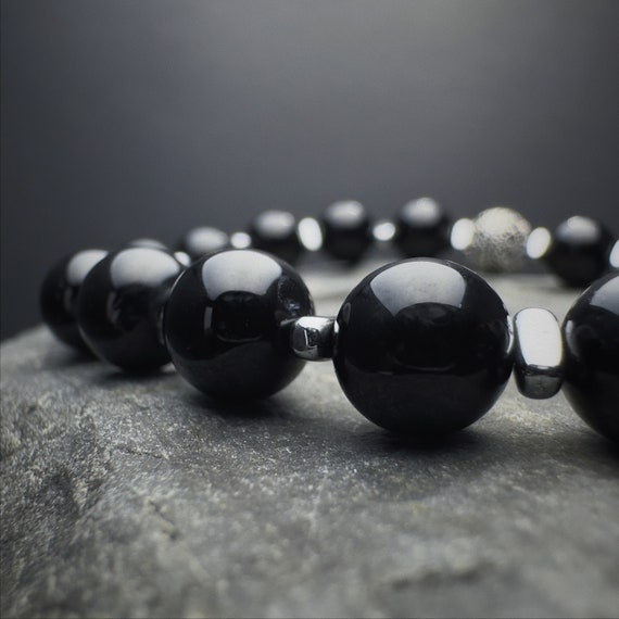 Black Tourmaline & Hematite Bracelet : Unique Black Gemstone Beaded Jewelry, Stones for Grounding and Protection