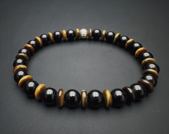 6mm Black Tourmaline with Tiger's Eye Bracelet: Black Grounding Protection Jewelry, 925 Sterling Silver