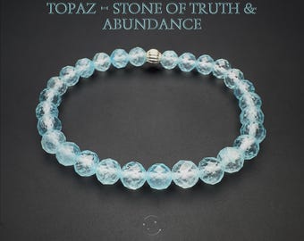 Blue Topaz Bracelet 6mm, Faceted Light Blue Gemstone, November Birthstone Jewelry, Clarity and Confidence