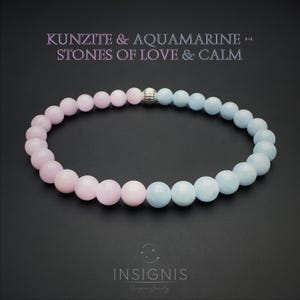 6mm Kunzite & Aquamarine Bracelet, Love and Calm Crystal Bracelet, 925 Sterling Silver, Stretch Cord