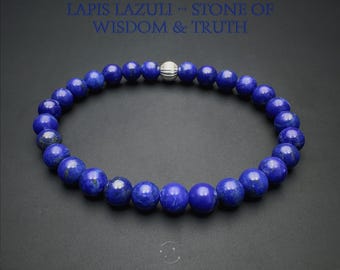 Lapis Lazuli Bracelet, 6mm Blue Lapis Jewelry, 925 Sterling Silver, Unisex Gemstone Beaded Bracelet