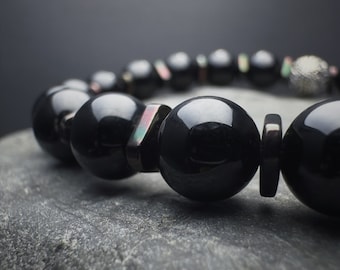 8mm Black Tourmaline & Hematite Bracelet: Mens Unique Gemstone Bracelet for Protection and Grounding